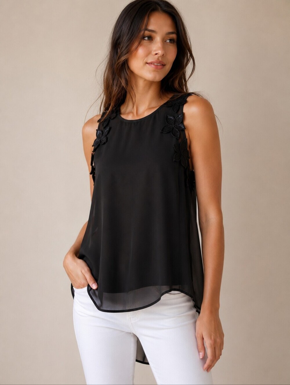 ❤ VINCE CAMUTO FLOWY BLOUSE/TANK TOP W/ FLOWER DETAIL, XS